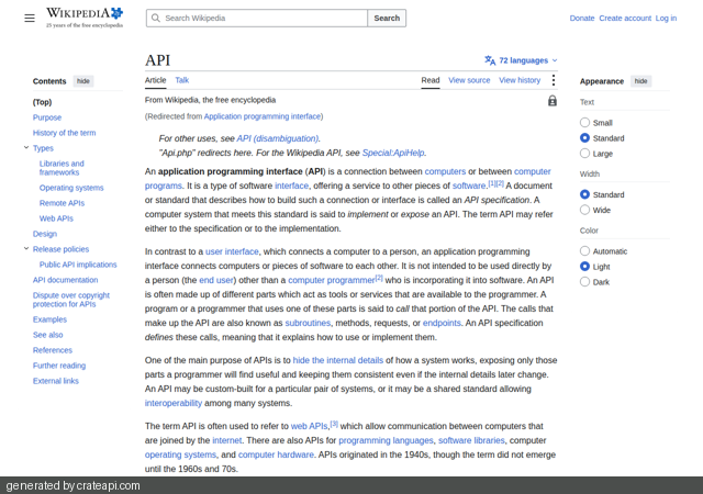 Screenshot of the Wikipedia API article captured by the API